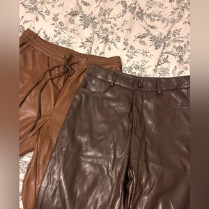 Brown and tan faux leather jogger and straight leg pants